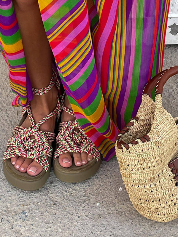 Rainbow Striped V-Neck Sleeveless Beach Dress – Flowy Boho Vacation Style