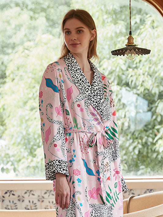 Women's Animal Print Lace-Up Bathrobe – Lightweight Knit Lounge Robe