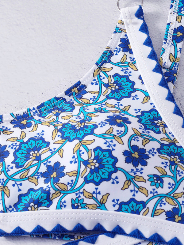 Cross-String Digital Print Swimsuit – Hook & Edge Split Design
