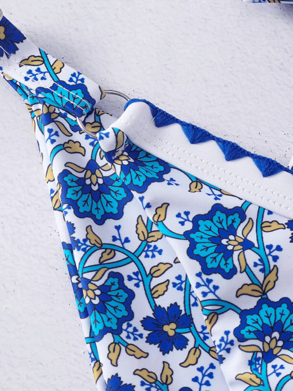 Cross-String Digital Print Swimsuit – Hook & Edge Split Design
