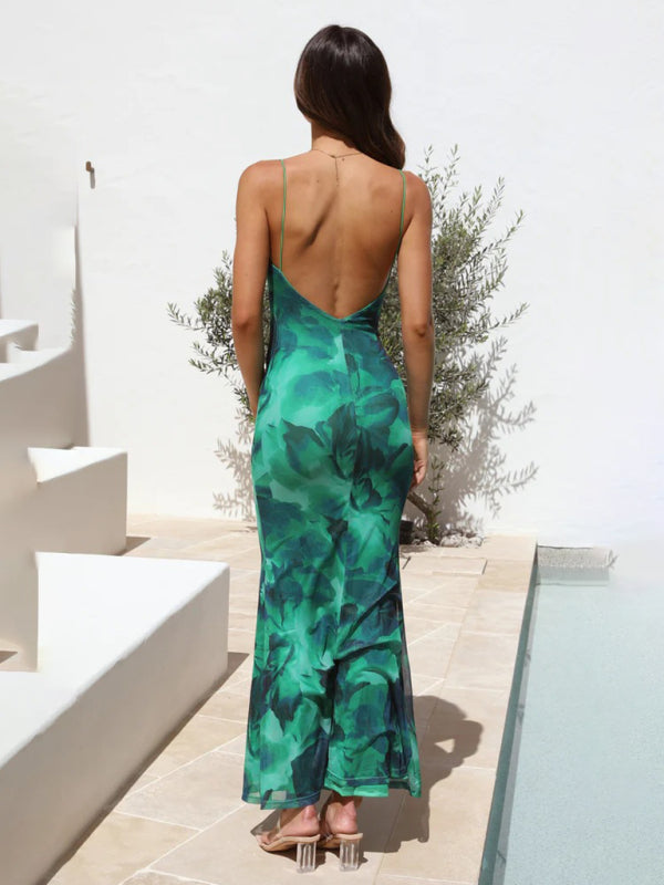 Elegant Printed Backless Suspender Maxi Dress – Square Neck, Slim Fit