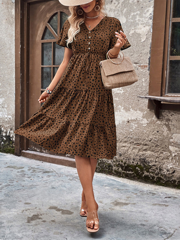 V-Neck Polka Dot Short Sleeve Waist Dress – Spring Leisure Look