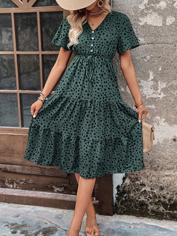 V-Neck Polka Dot Short Sleeve Waist Dress – Spring Leisure Look