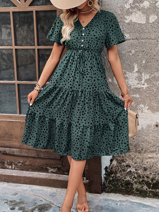 V-Neck Polka Dot Short Sleeve Waist Dress – Spring Leisure Look