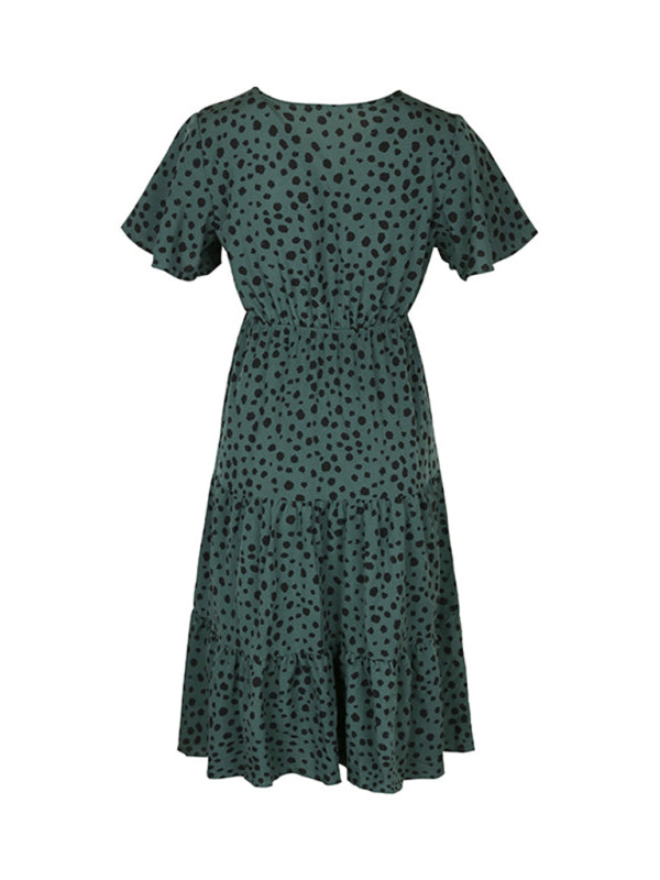 V-Neck Polka Dot Short Sleeve Waist Dress – Spring Leisure Look