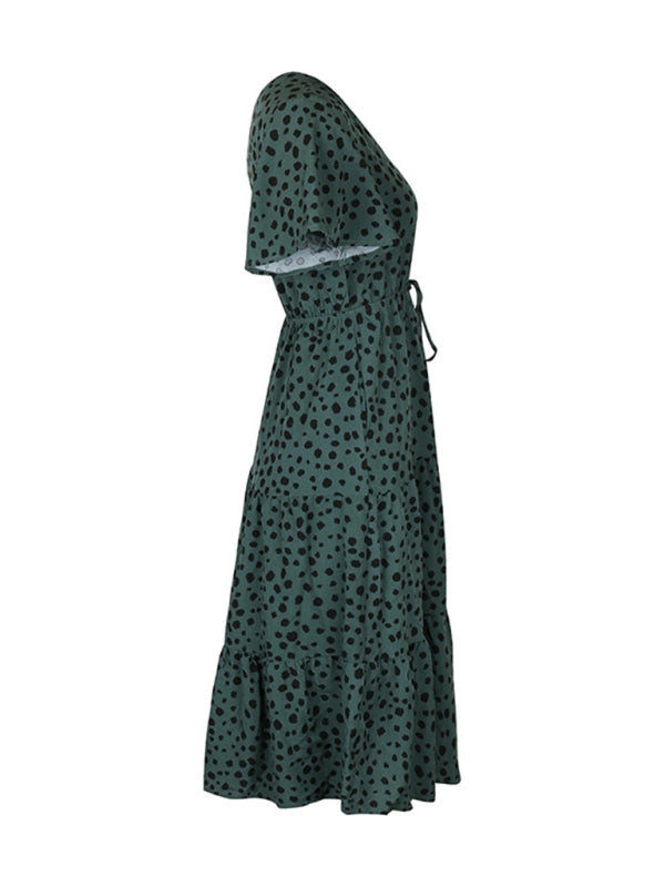 V-Neck Polka Dot Short Sleeve Waist Dress – Spring Leisure Look
