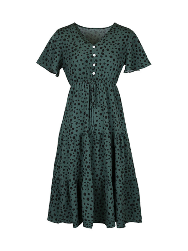 V-Neck Polka Dot Short Sleeve Waist Dress – Spring Leisure Look