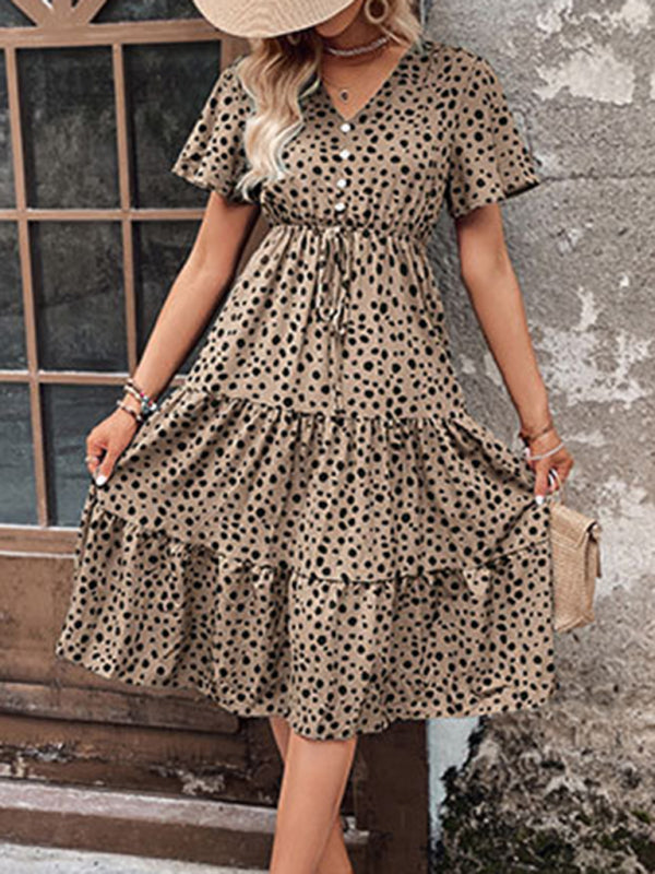 V-Neck Polka Dot Short Sleeve Waist Dress – Spring Leisure Look