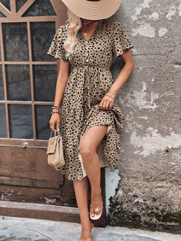 V-Neck Polka Dot Short Sleeve Waist Dress – Spring Leisure Look
