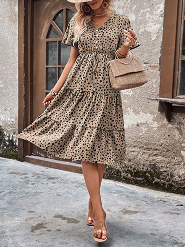 V-Neck Polka Dot Short Sleeve Waist Dress – Spring Leisure Look