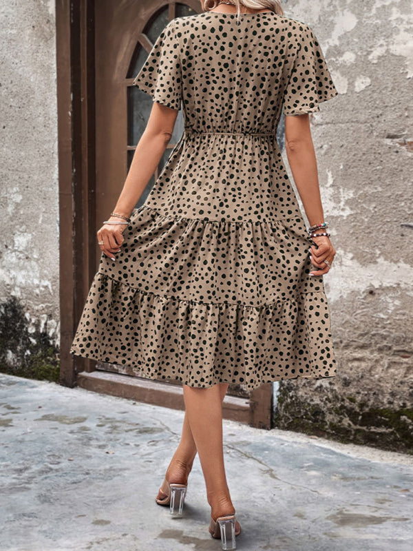 V-Neck Polka Dot Short Sleeve Waist Dress – Spring Leisure Look