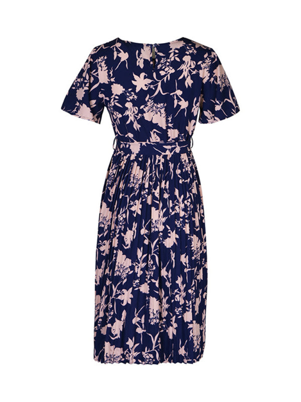 Floral Print Waist-Defined Dress – Round Neck, Lace Detail, Spring Look