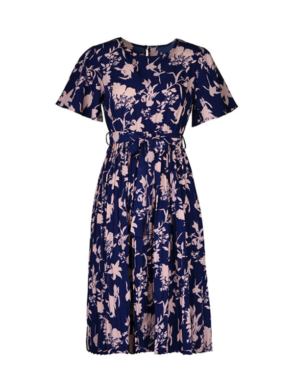 Floral Print Waist-Defined Dress – Round Neck, Lace Detail, Spring Look