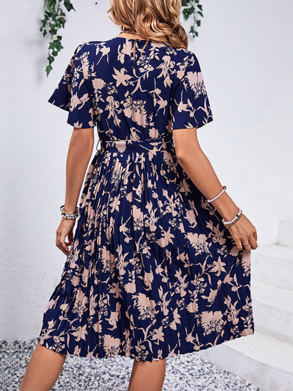 Floral Print Waist-Defined Dress – Round Neck, Lace Detail, Spring Look