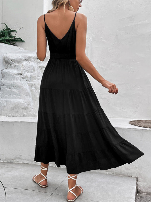 Black Suspender Midi Dress – Rayon Knit, Sexy Spring-Summer Style