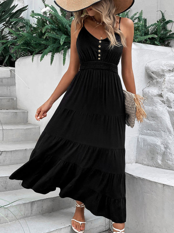 Black Suspender Midi Dress – Rayon Knit, Sexy Spring-Summer Style