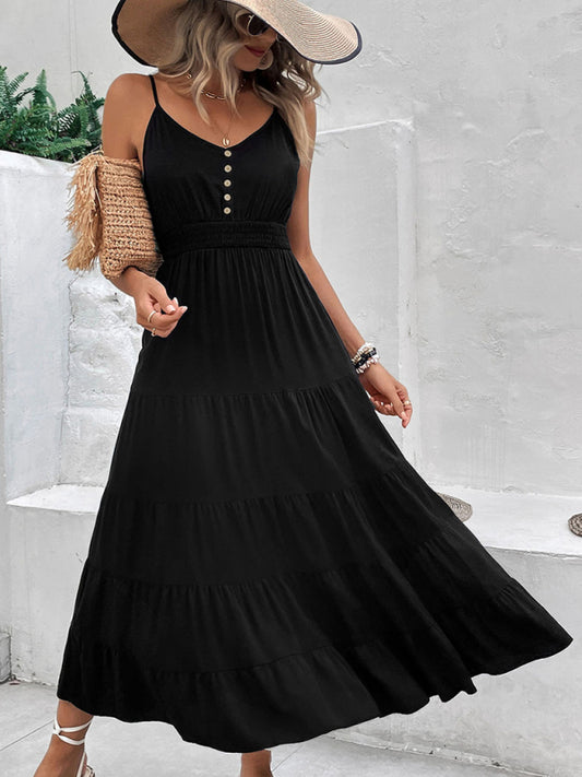 Black Suspender Midi Dress – Rayon Knit, Sexy Spring-Summer Style