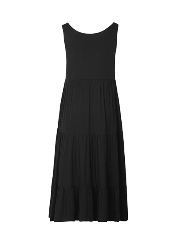 Black Rayon Suspender Mid-Length Dress – Elegant Spring-Summer Style