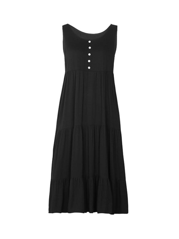 Black Rayon Suspender Mid-Length Dress – Elegant Spring-Summer Style