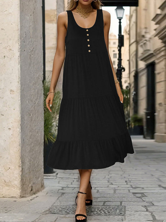Black Rayon Suspender Mid-Length Dress – Elegant Spring-Summer Style