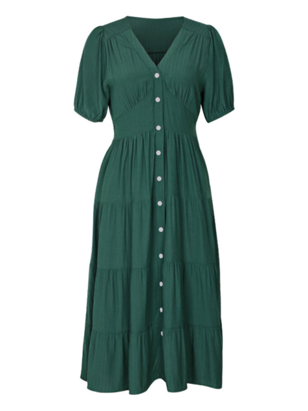 V-Neck Short-Sleeve Waist Dress – Graceful Solid Color, Lightweight & Spring-Ready