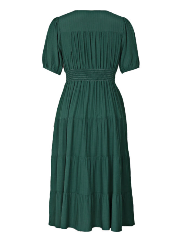 V-Neck Short-Sleeve Waist Dress – Graceful Solid Color, Lightweight & Spring-Ready