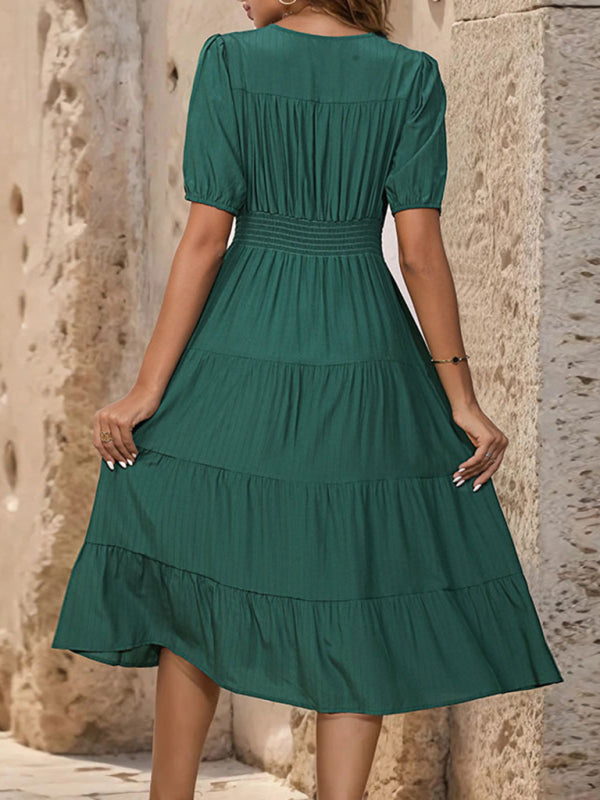 V-Neck Short-Sleeve Waist Dress – Graceful Solid Color, Lightweight & Spring-Ready