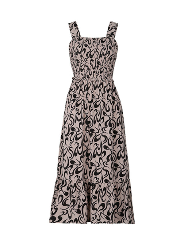 Geometric Print Suspender Dress – Khaki, Romantic Style, Spring-Summer