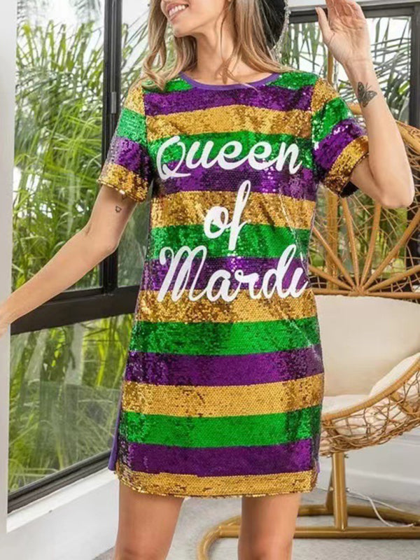 Mid-Length Striped Sequin Letter T-Shirt Dress – Purple Party Wear