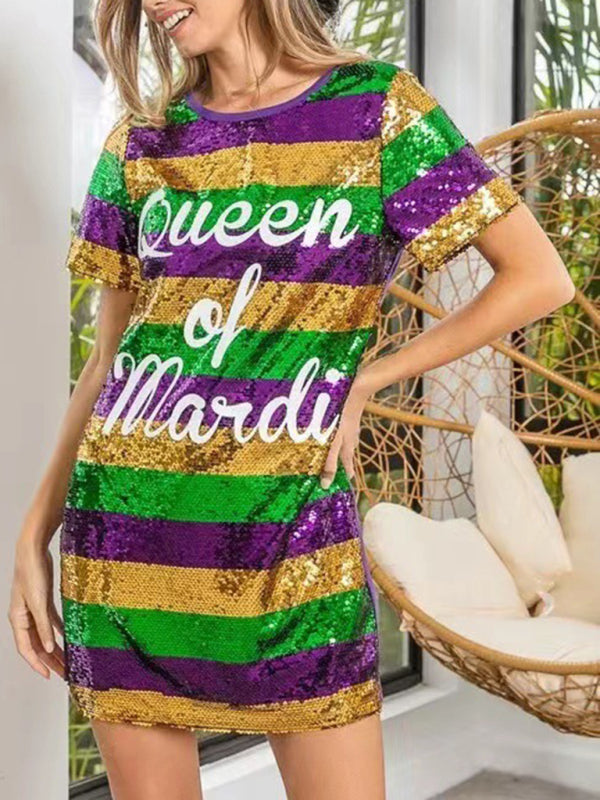 Mid-Length Striped Sequin Letter T-Shirt Dress – Purple Party Wear