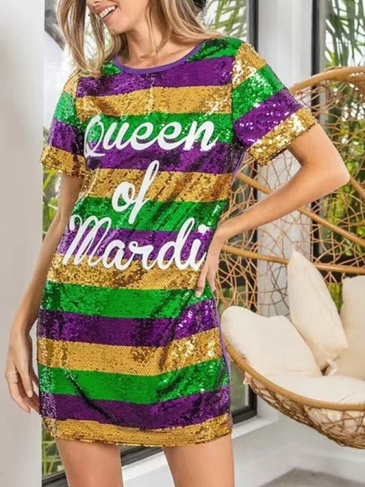 Mid-Length Striped Sequin Letter T-Shirt Dress – Purple Party Wear