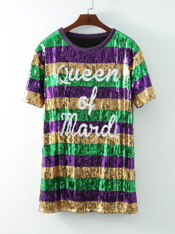 Mid-Length Striped Sequin Letter T-Shirt Dress – Purple Party Wear