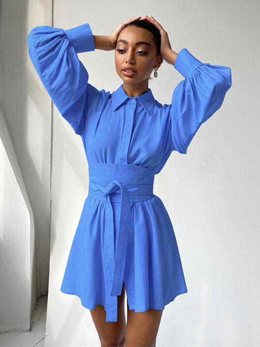 Elegant Belted Shirt Dress in Blue – Cotton Blended, Graceful Everyday Fit