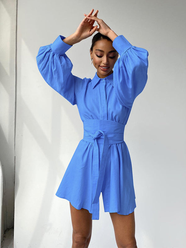 Elegant Belted Shirt Dress in Blue – Cotton Blended, Graceful Everyday Fit