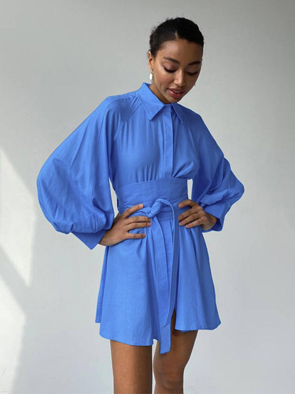 Elegant Belted Shirt Dress in Blue – Cotton Blended, Graceful Everyday Fit