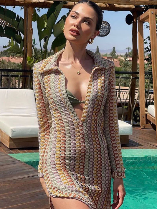 Hollow V-Neck Slit Maxi Dress – Boho Knit Polyester for Vacations & Beach Days
