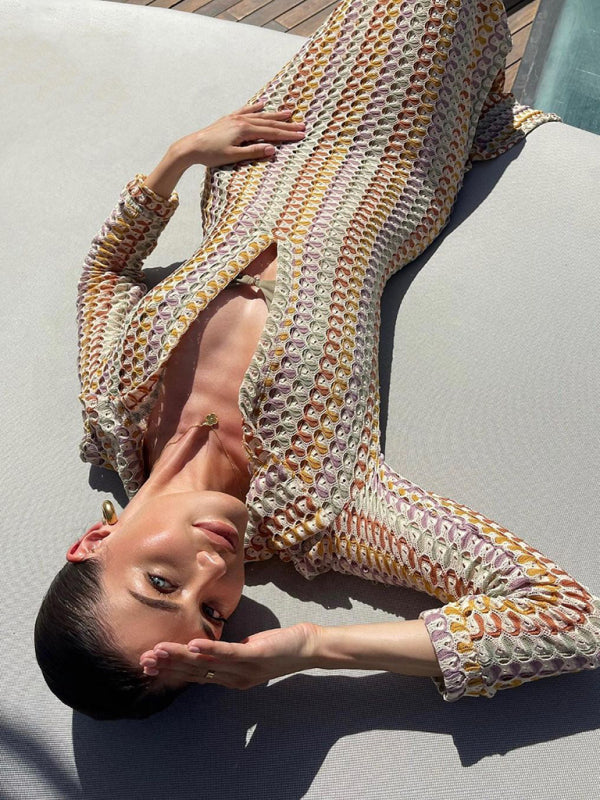 Hollow V-Neck Slit Maxi Dress – Boho Knit Polyester for Vacations & Beach Days