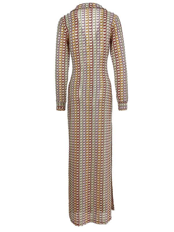 Hollow V-Neck Slit Maxi Dress – Boho Knit Polyester for Vacations & Beach Days