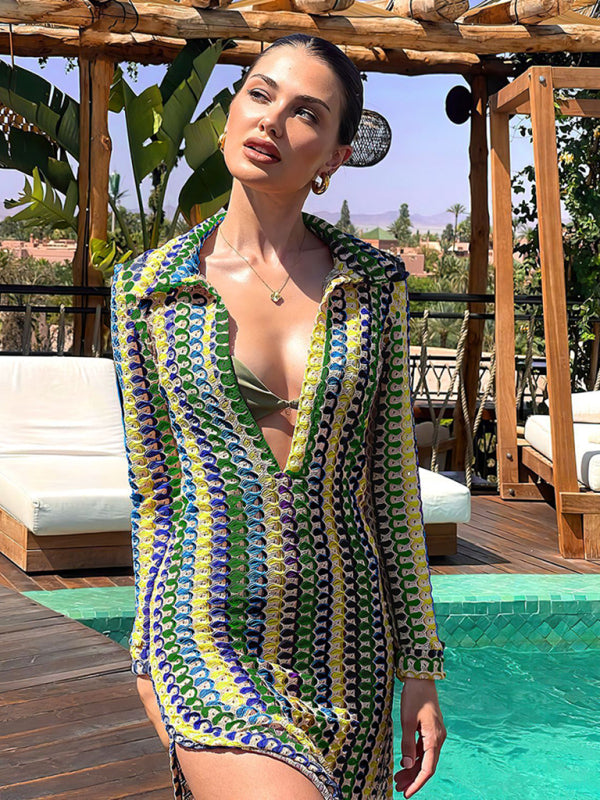 Hollow V-Neck Slit Maxi Dress – Boho Knit Polyester for Vacations & Beach Days