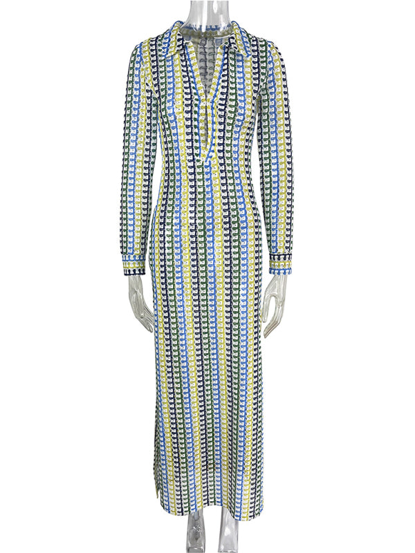 Hollow V-Neck Slit Maxi Dress – Boho Knit Polyester for Vacations & Beach Days