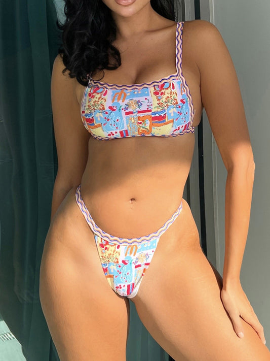 Bandeau One-Piece Swimsuit – Colorful Ethnic Print, Moderate Stretch