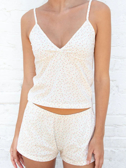 Floral V-Neck Suspender Shorts Loungewear Set – Lightweight & Comfortable