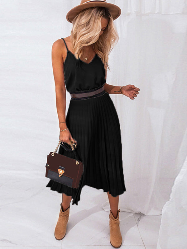 Elegant V-Neck Pleated Midi Dress – Lightweight & Flowy Fit (Belt Not Included)