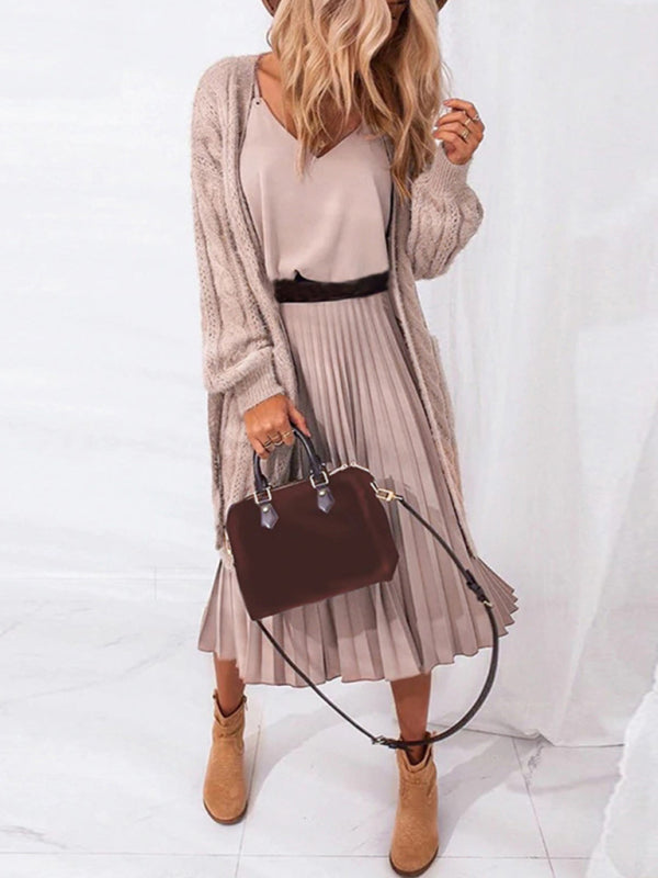 Elegant V-Neck Pleated Midi Dress – Lightweight & Flowy Fit (Belt Not Included)