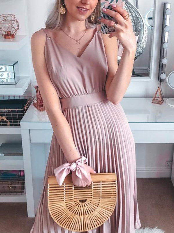 Elegant V-Neck Pleated Midi Dress – Lightweight & Flowy Fit (Belt Not Included)