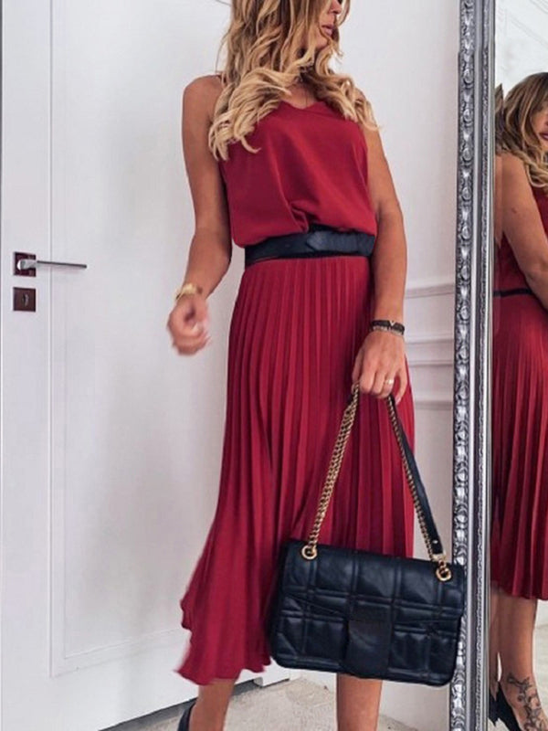 Elegant V-Neck Pleated Midi Dress – Lightweight & Flowy Fit (Belt Not Included)