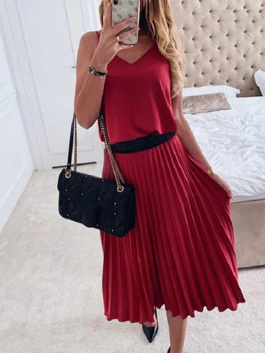 Elegant V-Neck Pleated Midi Dress – Lightweight & Flowy Fit (Belt Not Included)