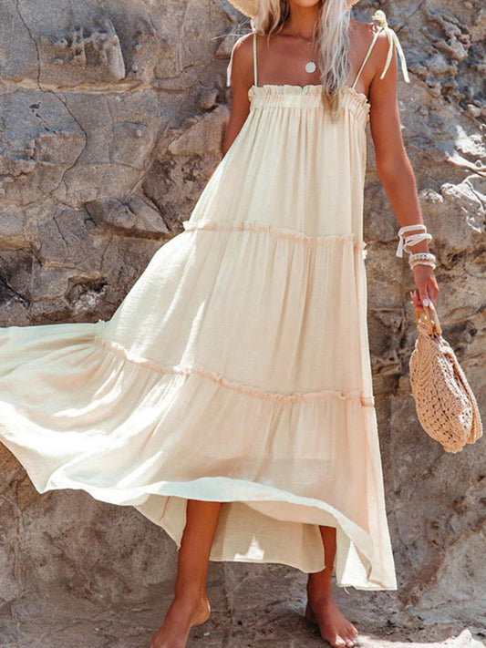 Solid Color Suspender Midi Dress – Woven Cotton Blend, Spring Style