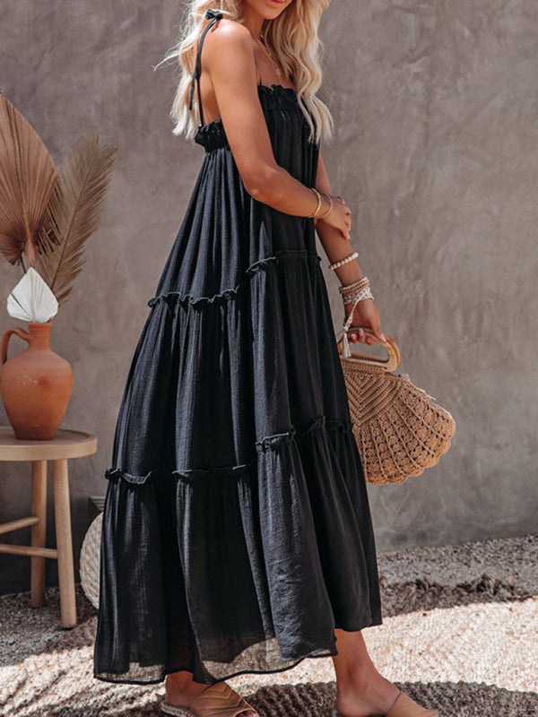 Solid Color Suspender Midi Dress – Woven Cotton Blend, Spring Style
