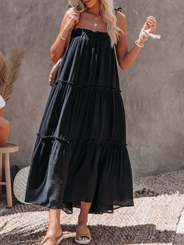 Solid Color Suspender Midi Dress – Woven Cotton Blend, Spring Style